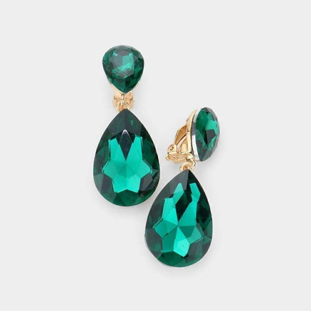 Crystal Emerald Green Double Teardrop Clip On Evening Earrings NWT